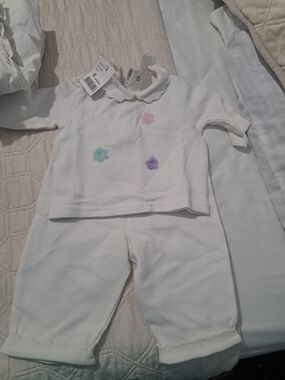 Jacadi White Two-Piece Baby Matching Set with Pastel Flower Appliqués